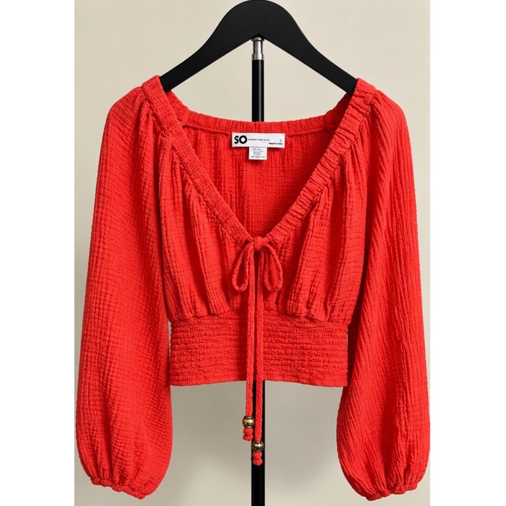 SO Goods For Life Red Cotton Gauze Tie Front Smocked Crop Top Large